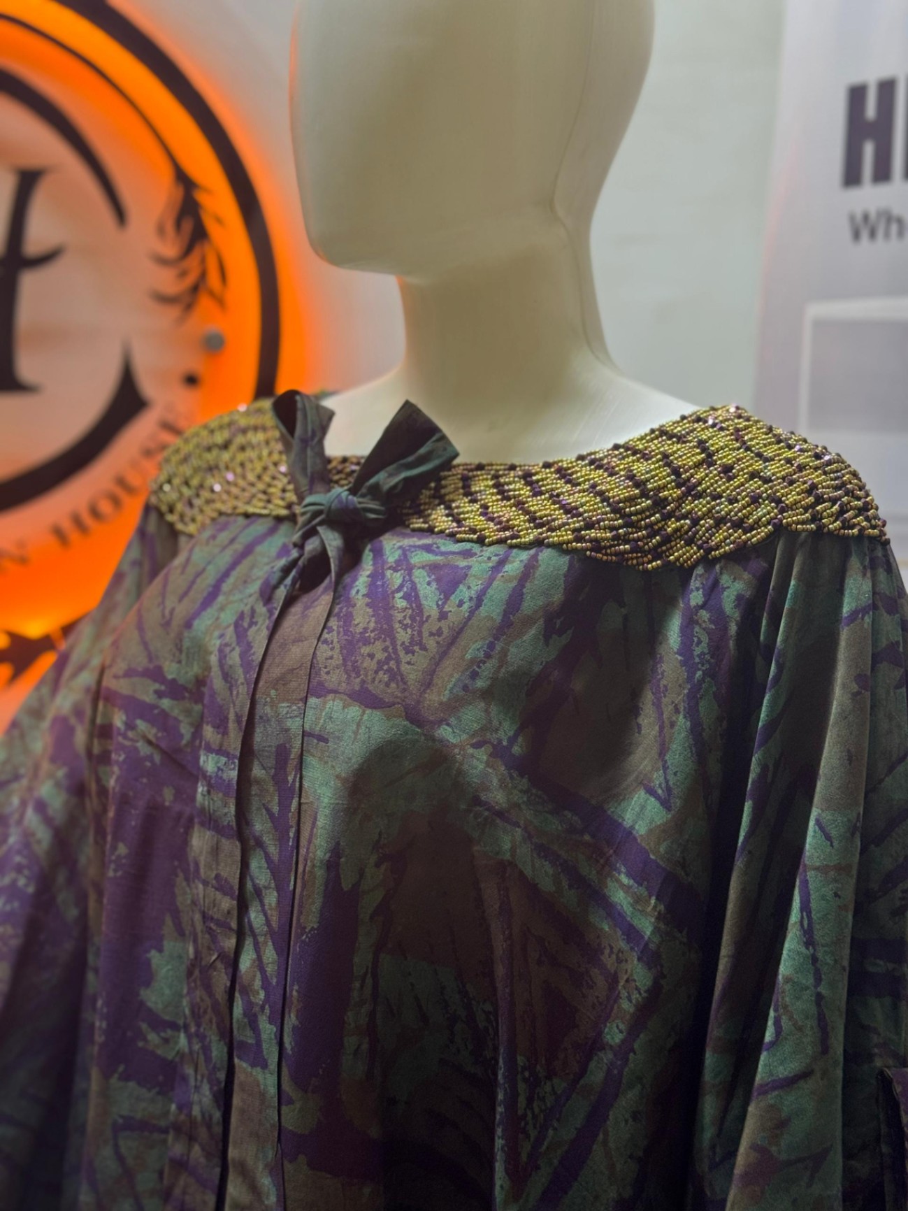 Beaded round neck adire boubou